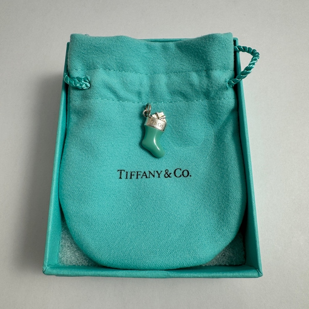 100% Authentic Tiffany & Co. Blue Enamel Christmas Stocking Charm Necklace 925